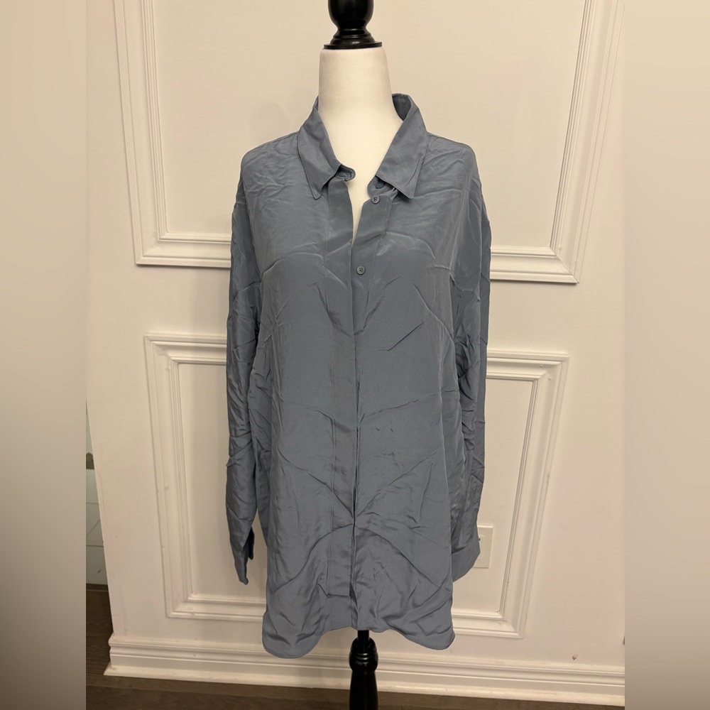 Aritzia Button-Down Silk Blend Shirt in Dusty Blue BNWT